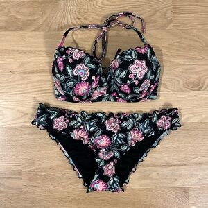 Shade & Shore Black Floral Bikini Size Medium
